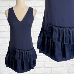 Eliza J Size 0P Sleeveless Shift Dress Ruffle Hem Navy Blue V-Neck Cocktail